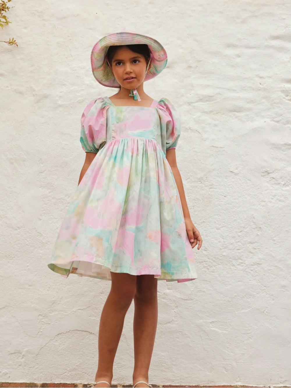 Bebe Organic Girls' Pastel Watercolor Puff-Sleeve Dress - Pink & Mint
